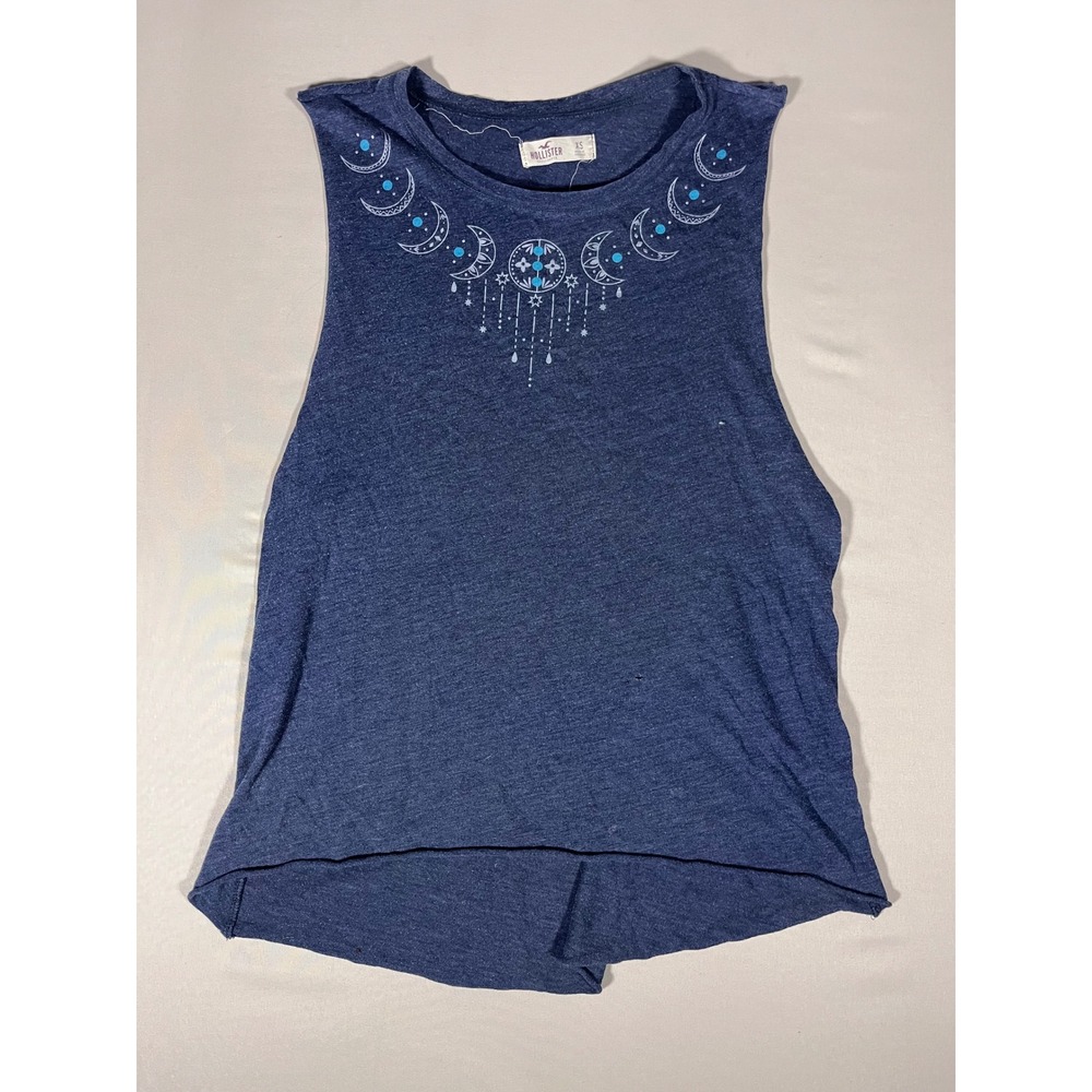Vtg Hollister Celestial Moon Graphic Muscle Tank Top Navy Blue XS High Low Hem